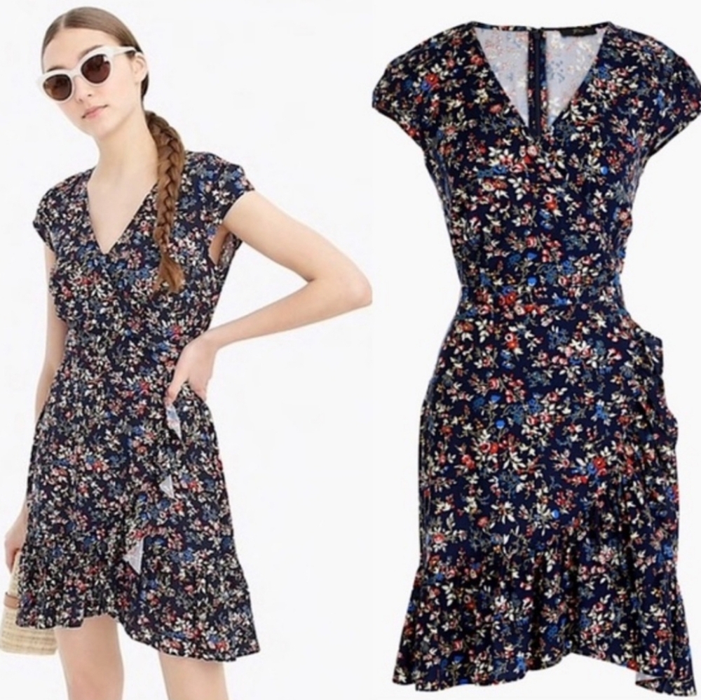 J.Crew Ruffle-front Mini Faux Wrap Dress in Tapestry Blue Floral Size 10 Medium - Picture 2 of 15
